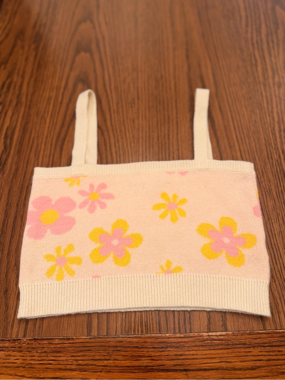 Floral Pink Knit Tank Top with Yellow Accents